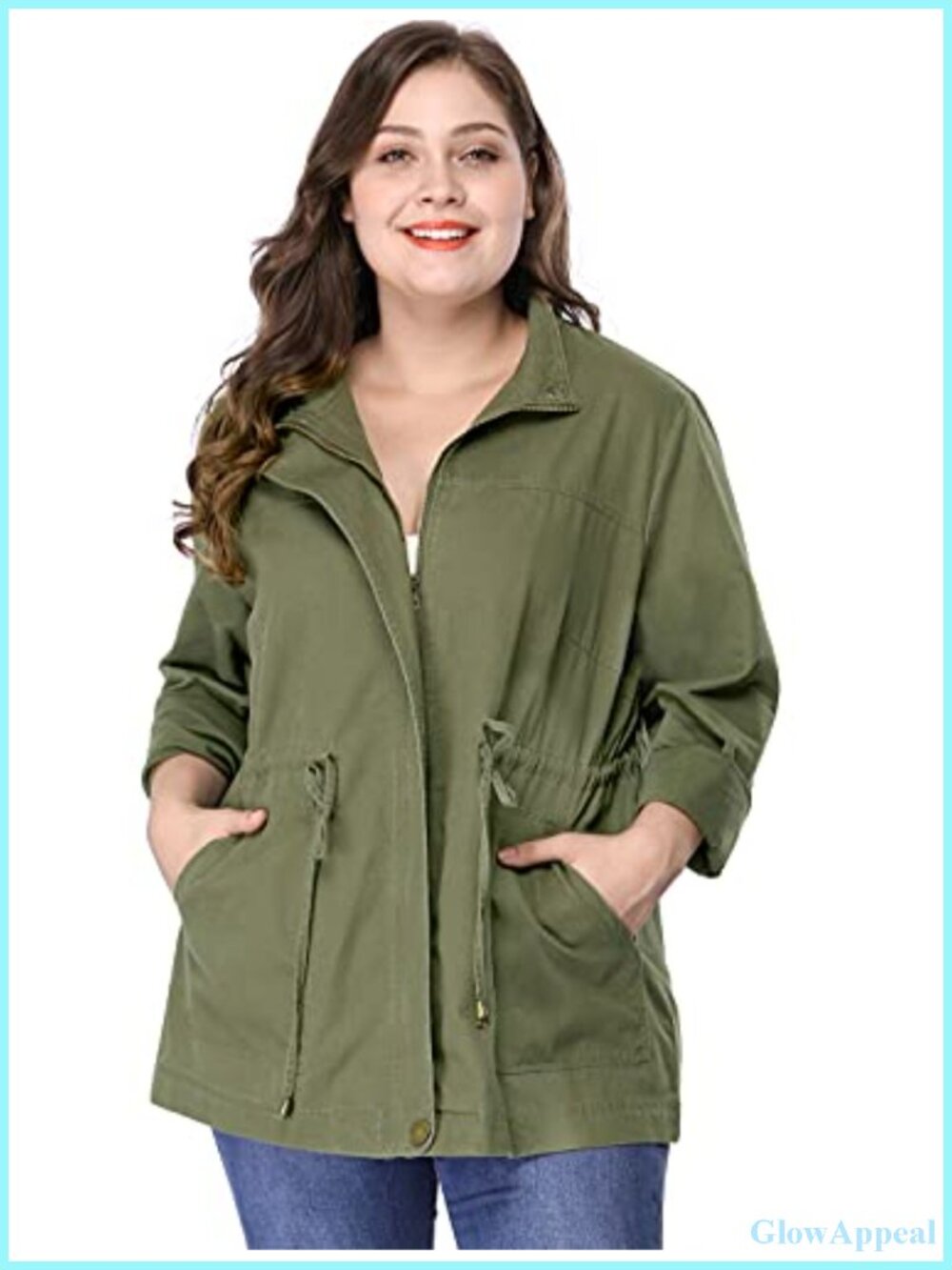 Plus Size Cotton Anorak Utility Jacket Drawstring Snap Zip Loose Fit Casual